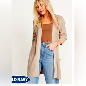 Textured Quaker stitch long line open front sweater with pockets